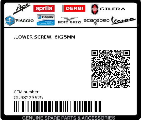 Product image: Moto Guzzi - GU98223625 - .LOWER SCREW, 6X25MM  0