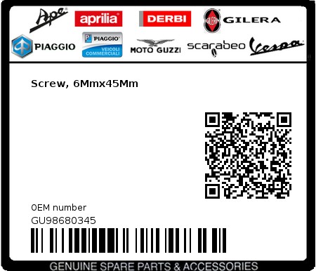 Product image: Moto Guzzi - GU98680345 - Screw, 6Mmx45Mm  0