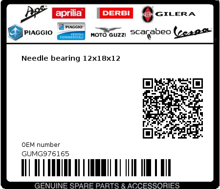 Product image: Moto Guzzi - GUMG976165 - Needle bearing 12x18x12  0