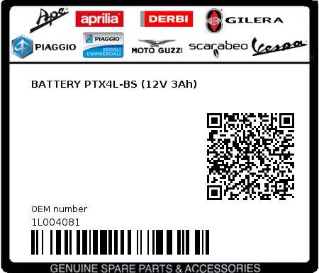 Product image: Gilera - 1L004081 - BATTERY PTX4L-BS (12V 3Ah)  0