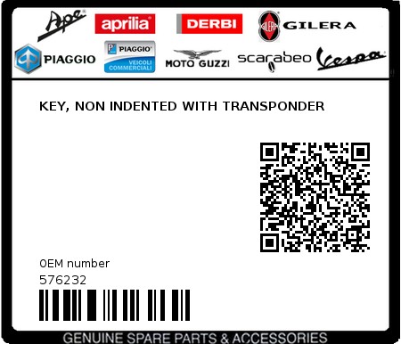 Product image: Gilera - 576232 - KEY, NON INDENTED WITH TRANSPONDER  0