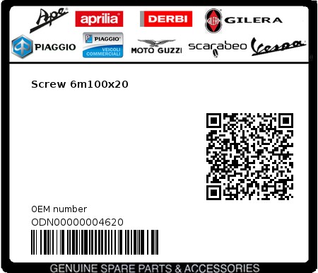 Product image: Gilera - ODN00000004620 - Screw 6m100x20  0