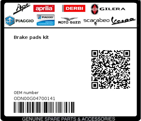 Product image: Gilera - ODN00G04700141 - Brake pads kit  0
