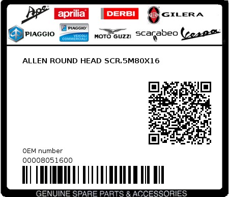 Product image: Aprilia - 00008051600 - ALLEN ROUND HEAD SCR.5M80X16  0