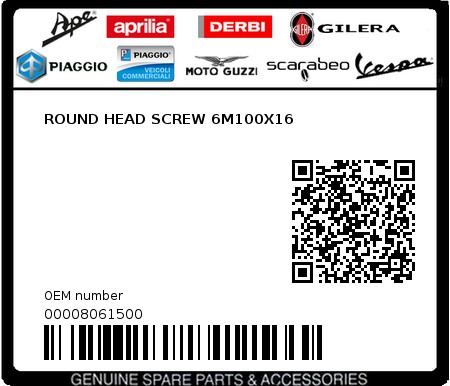 Product image: Aprilia - 00008061500 - ROUND HEAD SCREW 6M100X16  0