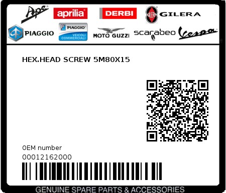 Product image: Aprilia - 00012162000 - HEX.HEAD SCREW 5M80X15  0