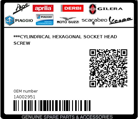 Product image: Aprilia - 1A002951 - ***CYLINDRICAL HEXAGONAL SOCKET HEAD SCREW  0