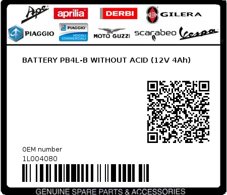 Product image: Aprilia - 1L004080 - BATTERY PB4L-B WITHOUT ACID (12V 4Ah)  0