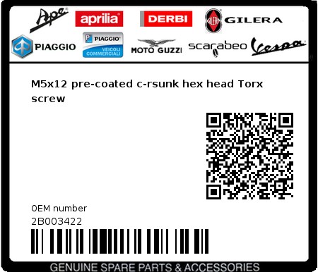 Product image: Aprilia - 2B003422 - M5x12 pre-coated c-rsunk hex head Torx screw  0