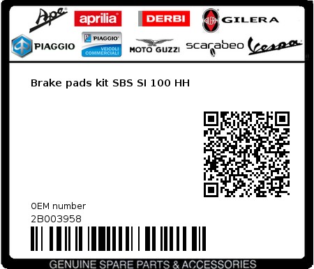 Product image: Aprilia - 2B003958 - Brake pads kit SBS SI 100 HH  0