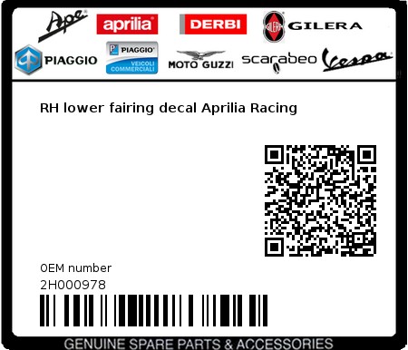 Product image: Aprilia - 2H000978 - RH lower fairing decal Aprilia Racing  0