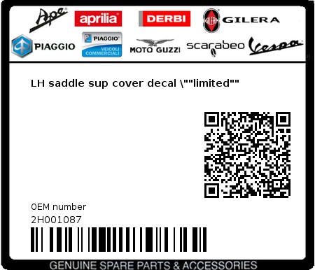 Product image: Aprilia - 2H001087 - LH saddle sup cover decal \""limited""  0