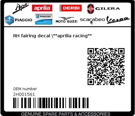 Product image: Aprilia - 2H001561 - RH fairing decal \""aprilia racing""  0