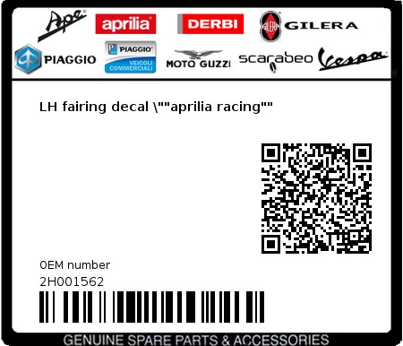 Product image: Aprilia - 2H001562 - LH fairing decal \""aprilia racing""  0