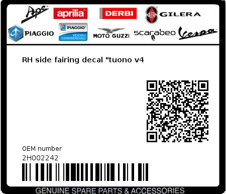 Product image: Aprilia - 2H002242 - RH side fairing decal "tuono v4  0