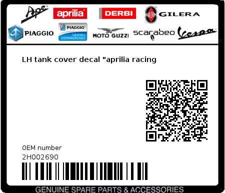 Product image: Aprilia - 2H002690 - LH tank cover decal "aprilia racing  0