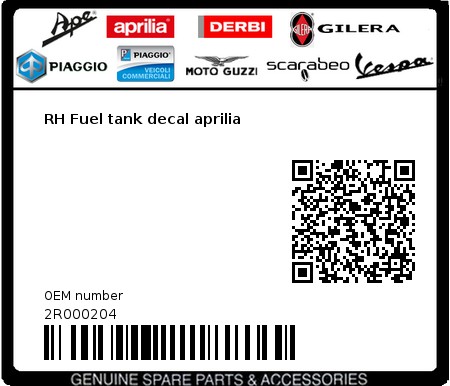 Product image: Aprilia - 2R000204 - RH Fuel tank decal aprilia  0