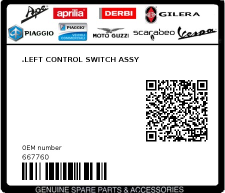 Product image: Aprilia - 667760 - .LEFT CONTROL SWITCH ASSY  0