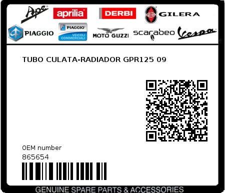 Product image: Aprilia - 865654 - TUBO CULATA-RADIADOR GPR125 09  0