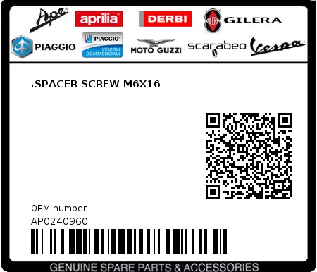 Product image: Aprilia - AP0240960 - .SPACER SCREW M6X16  0