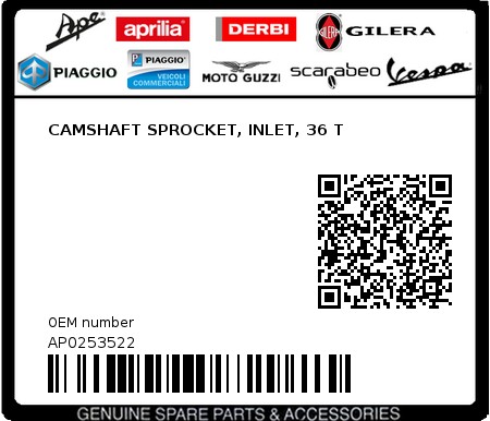 Product image: Aprilia - AP0253522 - CAMSHAFT SPROCKET, INLET, 36 T  0