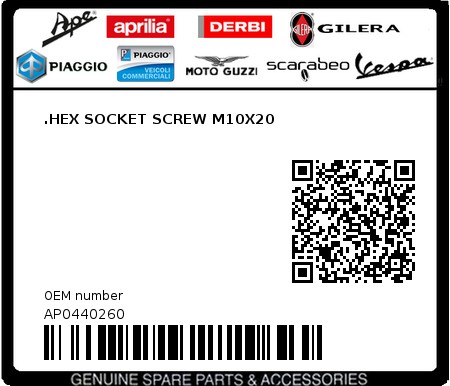 Product image: Aprilia - AP0440260 - .HEX SOCKET SCREW M10X20  0