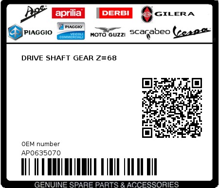 Product image: Aprilia - AP0635070 - DRIVE SHAFT GEAR Z=68  0