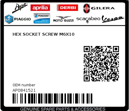 Product image: Aprilia - AP0841521 - HEX SOCKET SCREW M6X10  0