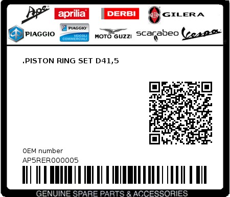 Product image: Aprilia - AP5RER000005 - .PISTON RING SET D41,5  0