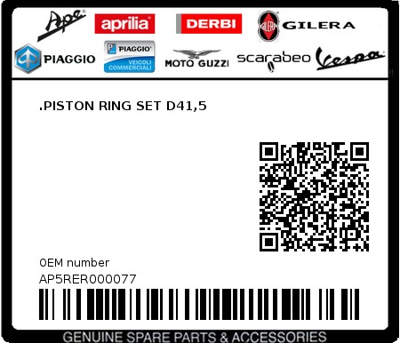Product image: Aprilia - AP5RER000077 - .PISTON RING SET D41,5  0