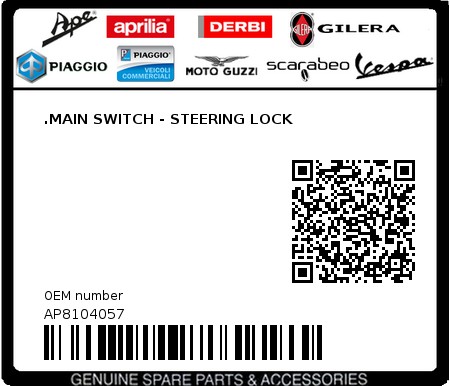 Product image: Aprilia - AP8104057 - .MAIN SWITCH - STEERING LOCK  0