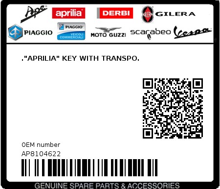 Product image: Aprilia - AP8104622 - ."APRILIA" KEY WITH TRANSPO.  0