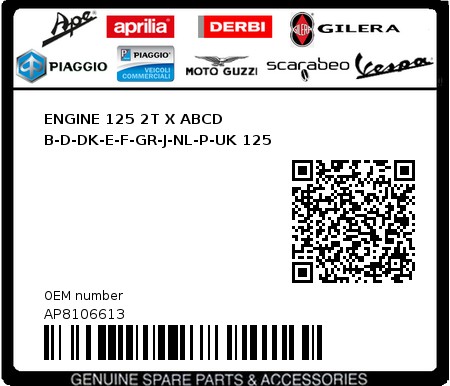 Product image: Aprilia - AP8106613 - ENGINE 125 2T X ABCD B-D-DK-E-F-GR-J-NL-P-UK 125  0
