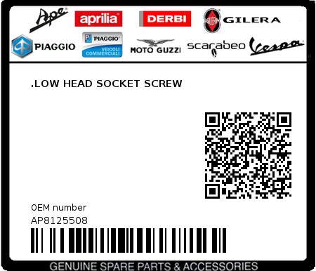 Product image: Aprilia - AP8125508 - .LOW HEAD SOCKET SCREW  0