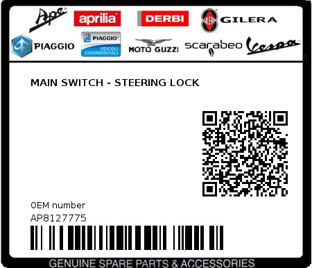 Product image: Aprilia - AP8127775 - MAIN SWITCH - STEERING LOCK  0