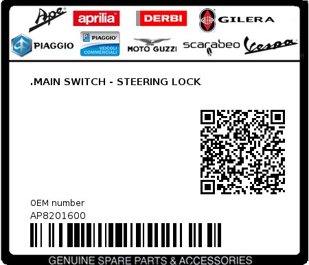 Product image: Aprilia - AP8201600 - .MAIN SWITCH - STEERING LOCK  0