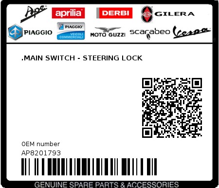 Product image: Aprilia - AP8201793 - .MAIN SWITCH - STEERING LOCK  0