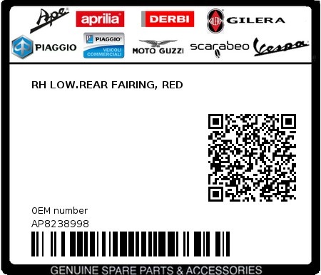 Product image: Aprilia - AP8238998 - RH LOW.REAR FAIRING, RED  0
