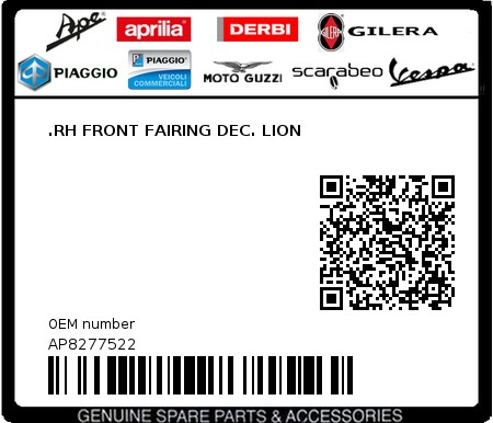 Product image: Aprilia - AP8277522 - .RH FRONT FAIRING DEC. LION  0