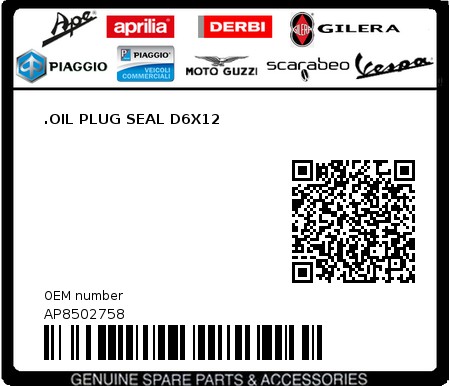 Product image: Aprilia - AP8502758 - .OIL PLUG SEAL D6X12  0