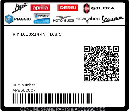 Product image: Aprilia - AP8502807 - Pin D.10x14-INT.D.8,5  0