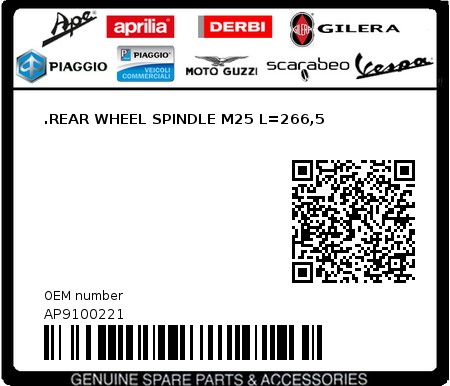 Product image: Aprilia - AP9100221 - .REAR WHEEL SPINDLE M25 L=266,5  0