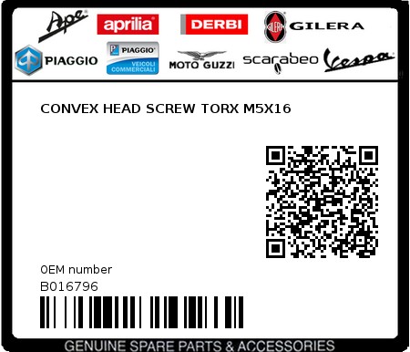 Product image: Aprilia - B016796 - CONVEX HEAD SCREW TORX M5X16  0