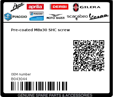 Product image: Aprilia - B043044 - Pre-coated M8x30 SHC screw  0