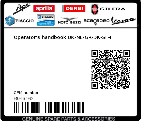 Product image: Aprilia - B043162 - Operator's handbook UK-NL-GR-DK-SF-F  0