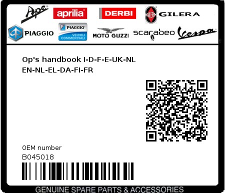 Product image: Aprilia - B045018 - Op's handbook I-D-F-E-UK-NL EN-NL-EL-DA-FI-FR  0