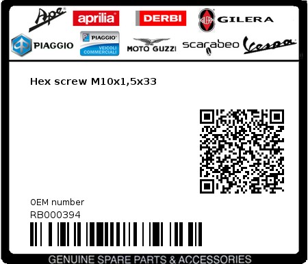 Product image: Aprilia - RB000394 - Hex screw M10x1,5x33  0