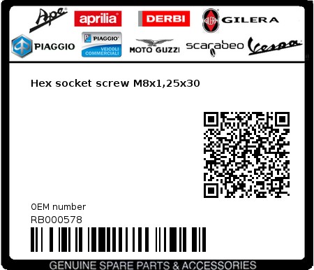 Product image: Aprilia - RB000578 - Hex socket screw M8x1,25x30  0