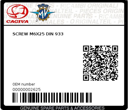 Product image: Cagiva - 00000002625 - SCREW M6X25 DIN 933  0
