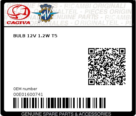 Product image: Cagiva - 00E01600741 - BULB 12V 1.2W T5  0